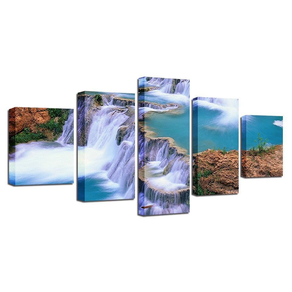 Natural Waterfall Landscape 5 Piece HD Multi Panel Canvas Wall Art Frame-Original Frame