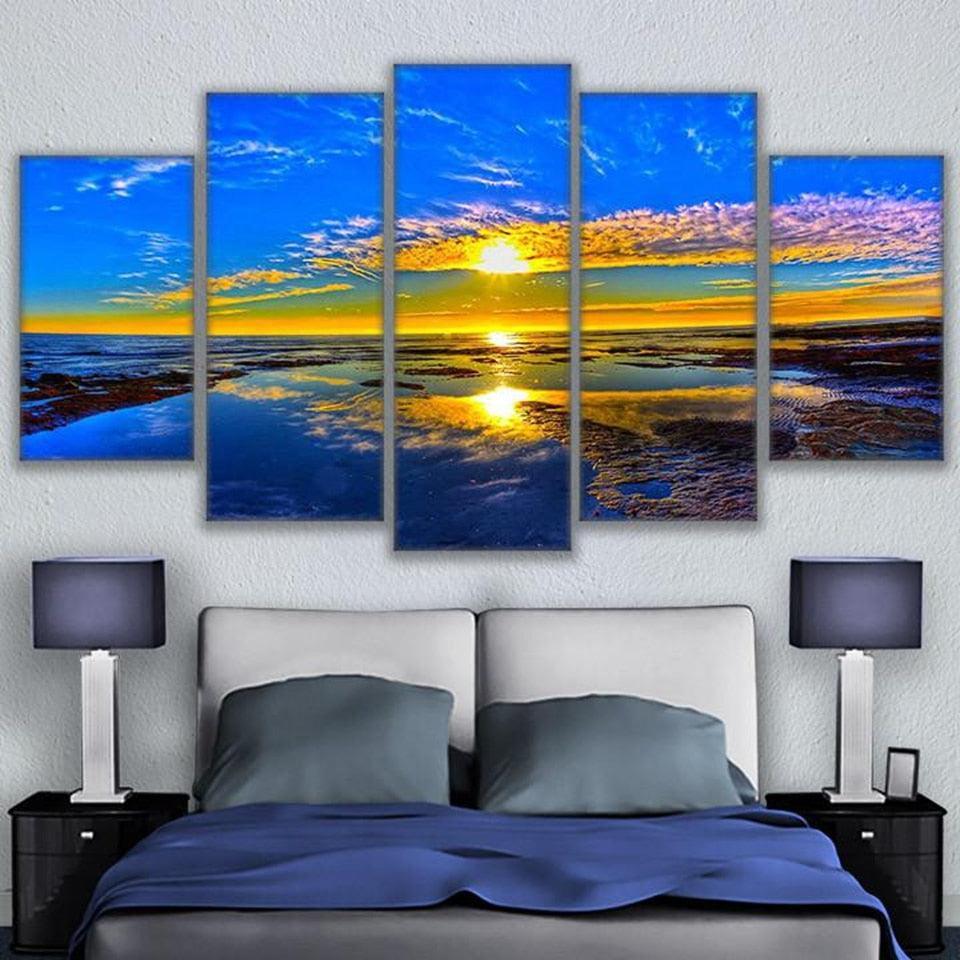 Ocean Sunset 5 Piece HD Multi Panel Canvas Wall Art Frame-Original Frame