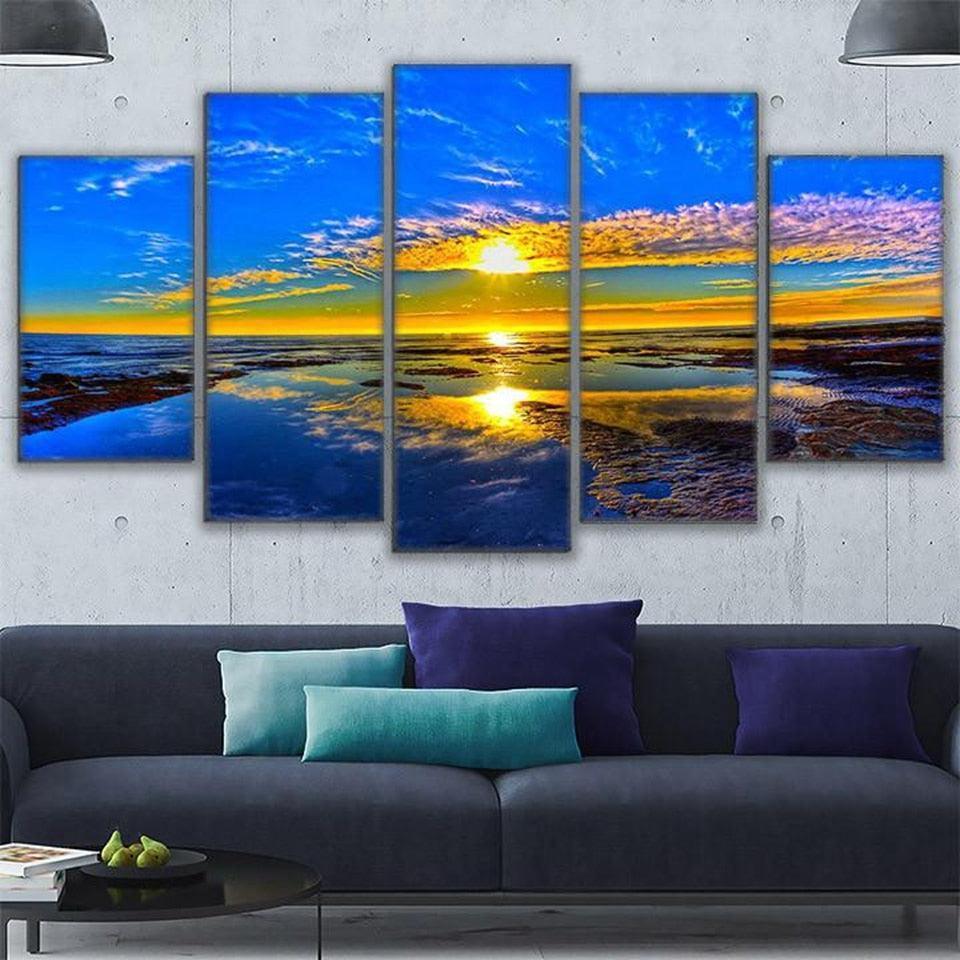 Ocean Sunset 5 Piece HD Multi Panel Canvas Wall Art Frame-Original Frame