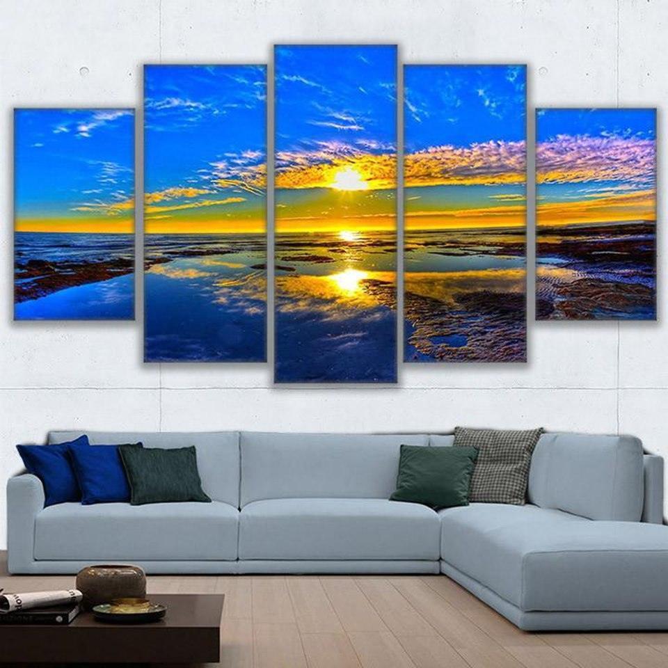 Ocean Sunset 5 Piece HD Multi Panel Canvas Wall Art Frame-Original Frame