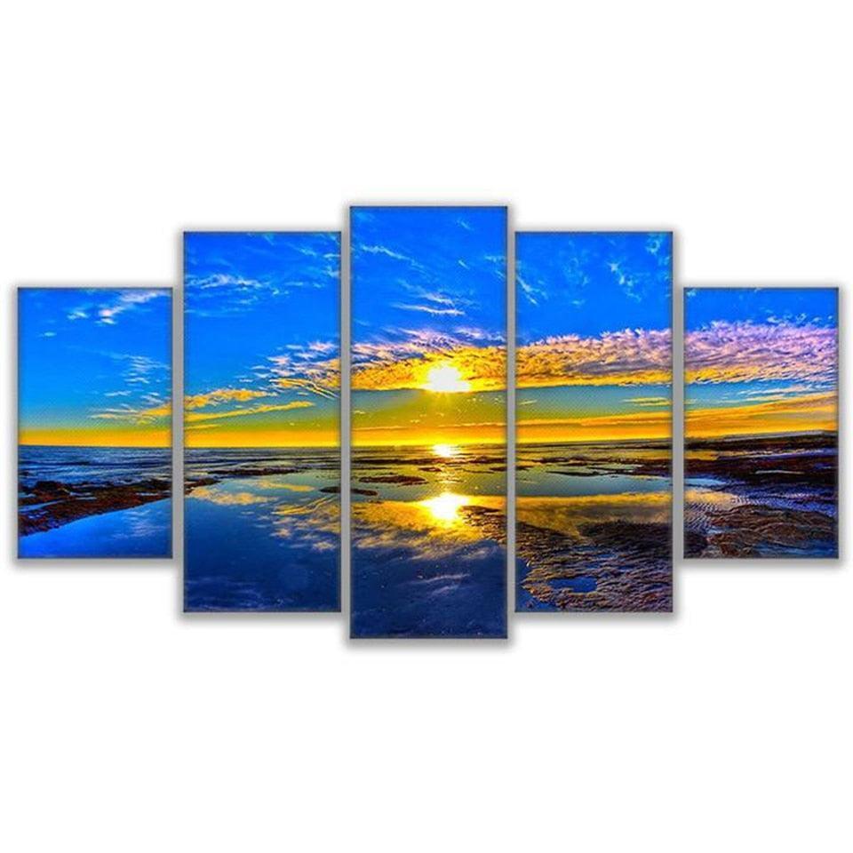 Ocean Sunset 5 Piece HD Multi Panel Canvas Wall Art Frame-Original Frame