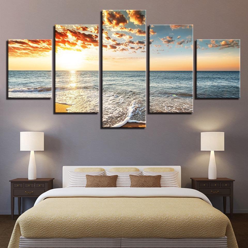 Sea And Sunset 5 Piece HD Multi Panel Canvas Wall Art Frame-Original Frame