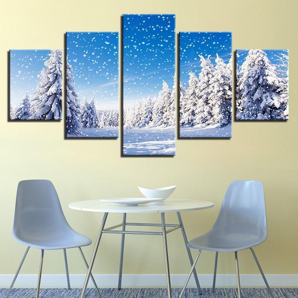 Snowy Winter 5 Piece HD Multi Panel Canvas Wall Art Frame-Original Frame