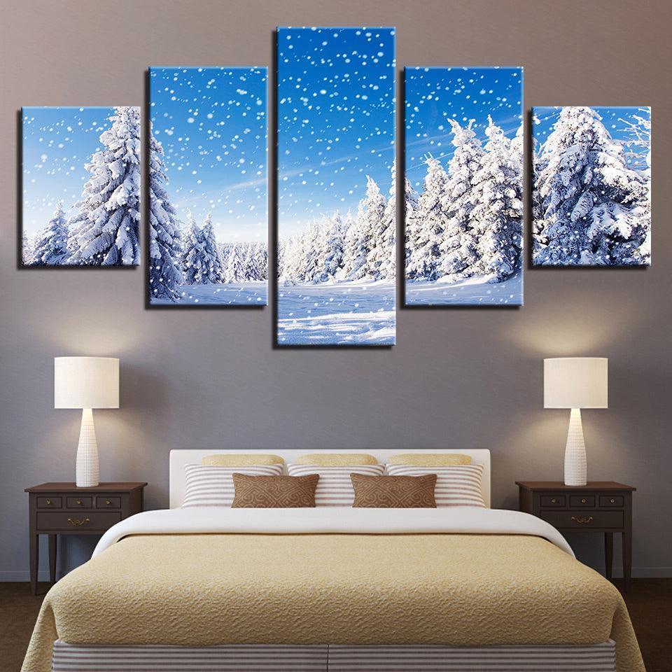 Snowy Winter 5 Piece HD Multi Panel Canvas Wall Art Frame-Original Frame