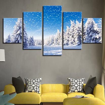 Snowy Winter 5 Piece HD Multi Panel Canvas Wall Art Frame-Original Frame
