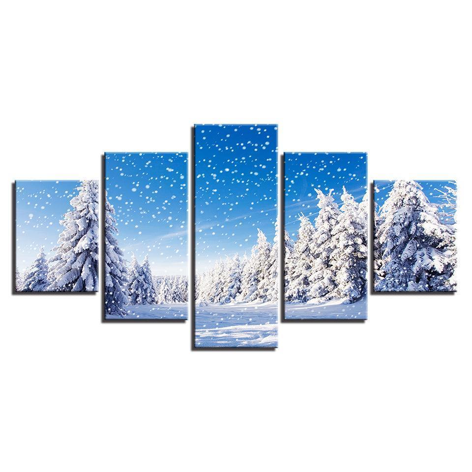 Snowy Winter 5 Piece HD Multi Panel Canvas Wall Art Frame-Original Frame