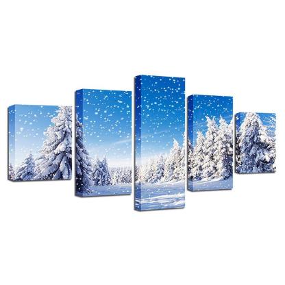 Snowy Winter 5 Piece HD Multi Panel Canvas Wall Art Frame-Original Frame