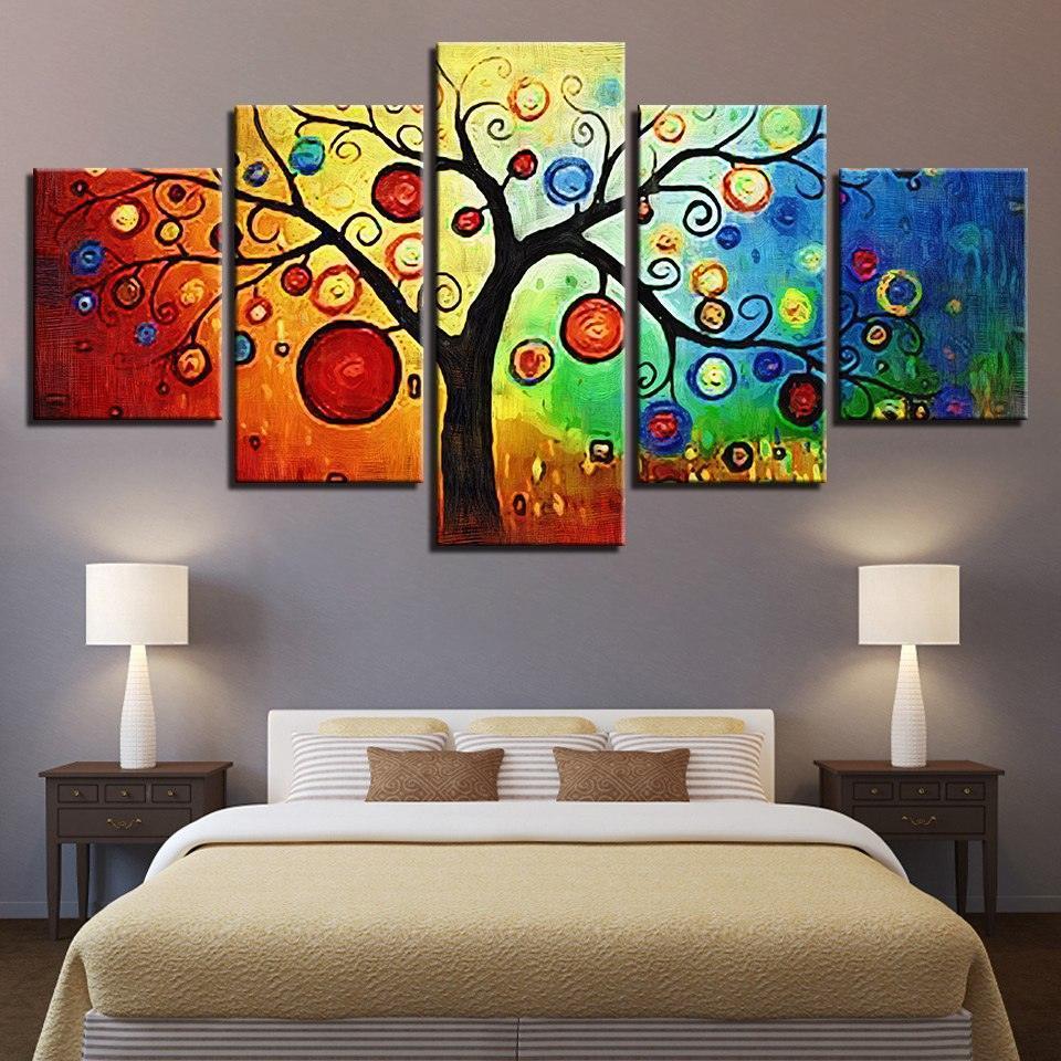 Multi-color Animated Tree 5 Piece HD Multi Panel Canvas Wall Art Frame-Original Frame