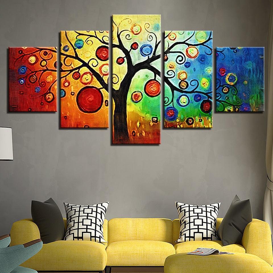 Multi-color Animated Tree 5 Piece HD Multi Panel Canvas Wall Art Frame-Original Frame