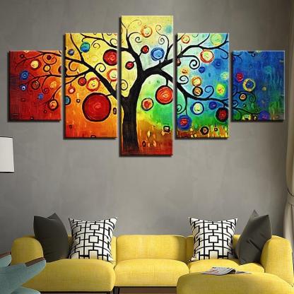Multi-color Animated Tree 5 Piece HD Multi Panel Canvas Wall Art Frame-Original Frame