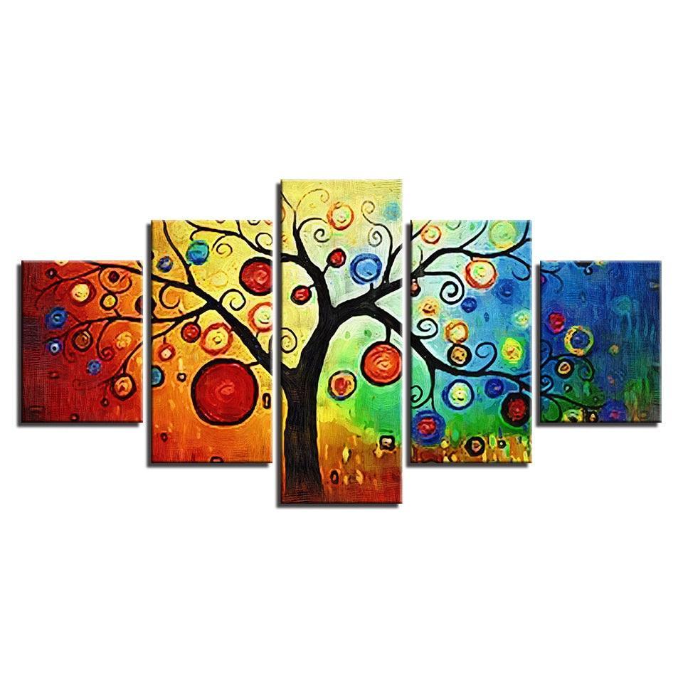 Multi-color Animated Tree 5 Piece HD Multi Panel Canvas Wall Art Frame-Original Frame