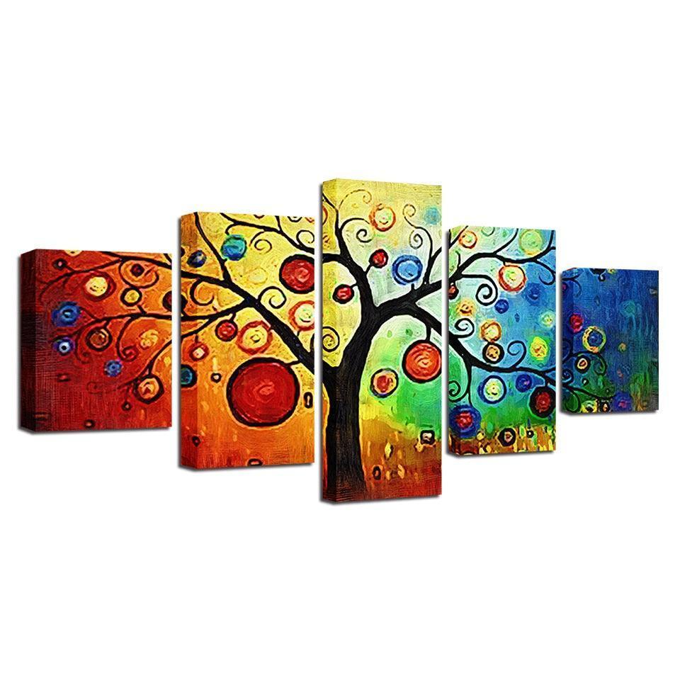 Multi-color Animated Tree 5 Piece HD Multi Panel Canvas Wall Art Frame-Original Frame