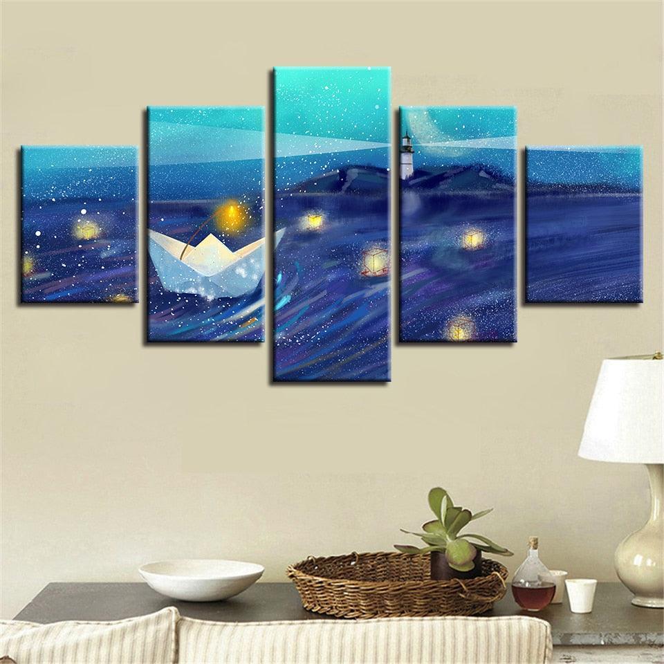 Paper Boat Drift 5 Piece HD Multi Panel Canvas Wall Art Frame-Original Frame