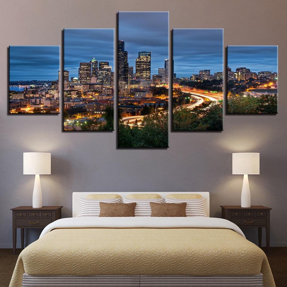 City Night 5 Piece HD Multi Panel Canvas Wall Art Frame-Original Frame