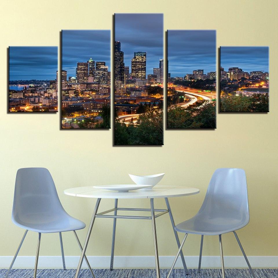 City Night 5 Piece HD Multi Panel Canvas Wall Art Frame-Original Frame