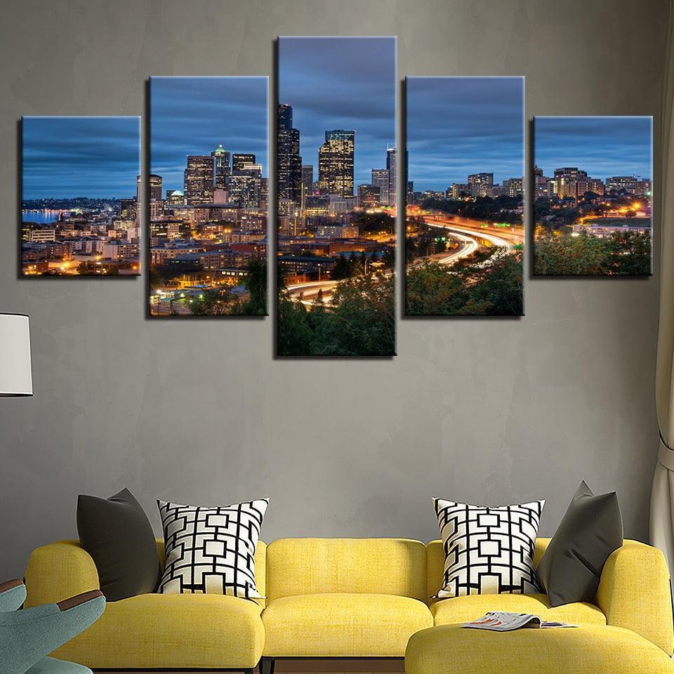 City Night 5 Piece HD Multi Panel Canvas Wall Art Frame-Original Frame