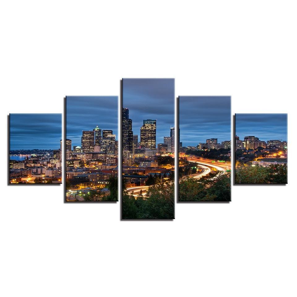 City Night 5 Piece HD Multi Panel Canvas Wall Art Frame-Original Frame