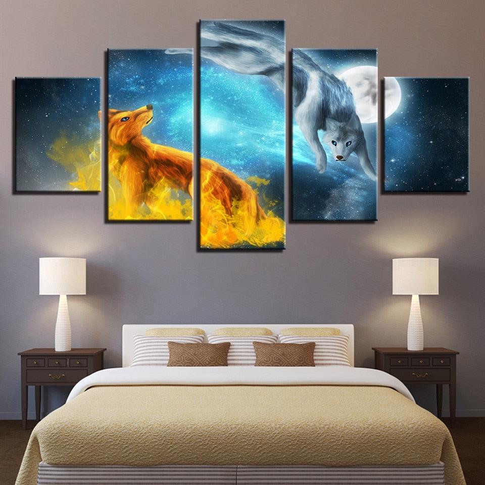 Snow Fox Moonlit Night 5 Piece HD Multi Panel Canvas Wall Art Frame-Original Frame