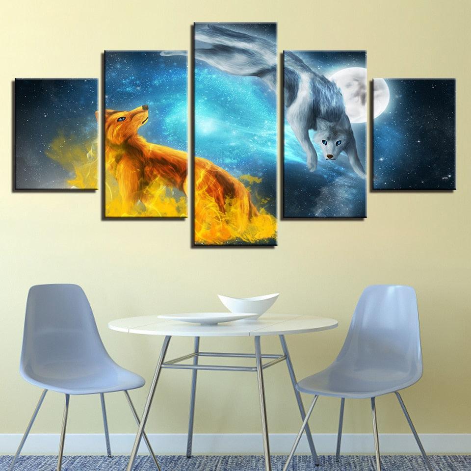 Snow Fox Moonlit Night 5 Piece HD Multi Panel Canvas Wall Art Frame-Original Frame