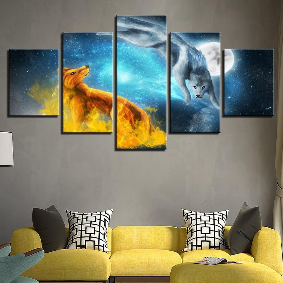 Snow Fox Moonlit Night 5 Piece HD Multi Panel Canvas Wall Art Frame-Original Frame