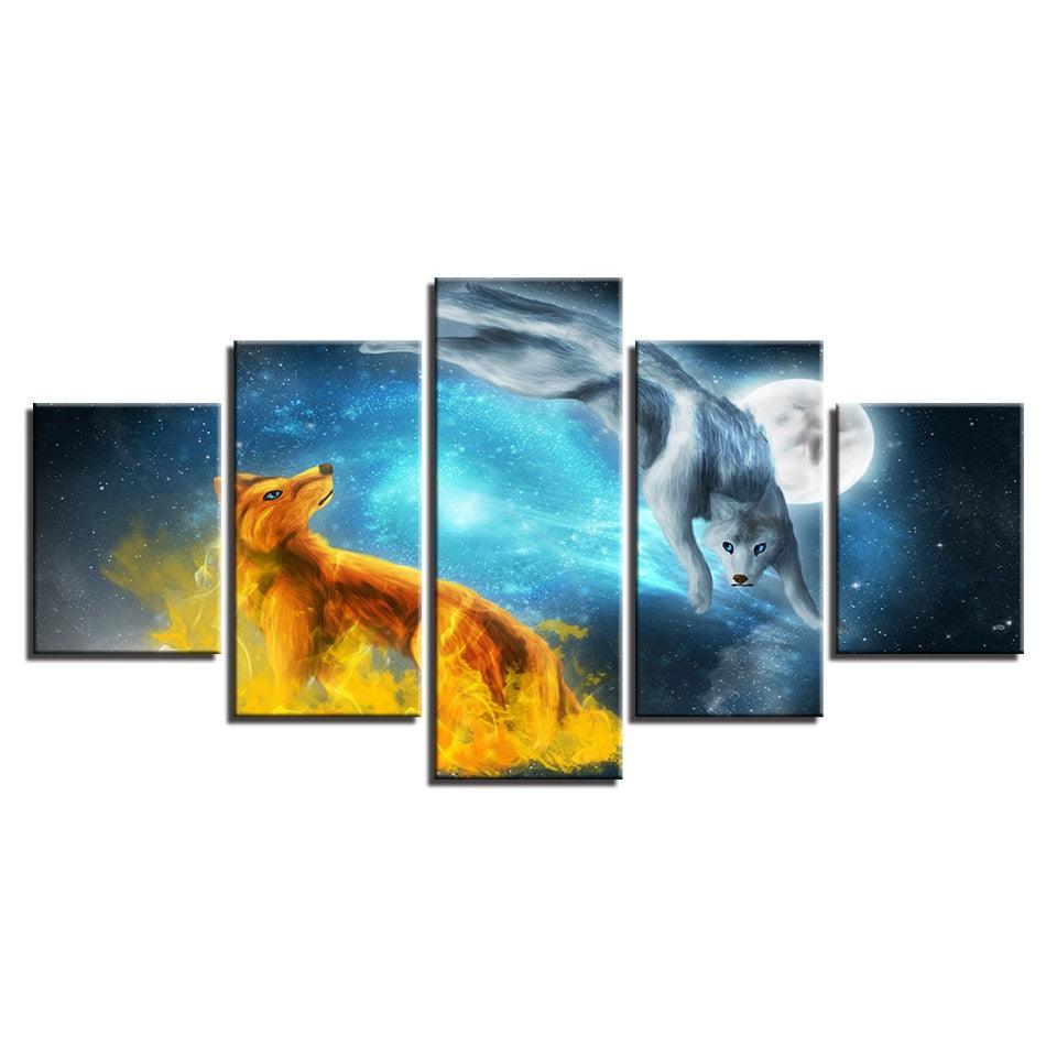Snow Fox Moonlit Night 5 Piece HD Multi Panel Canvas Wall Art Frame-Original Frame