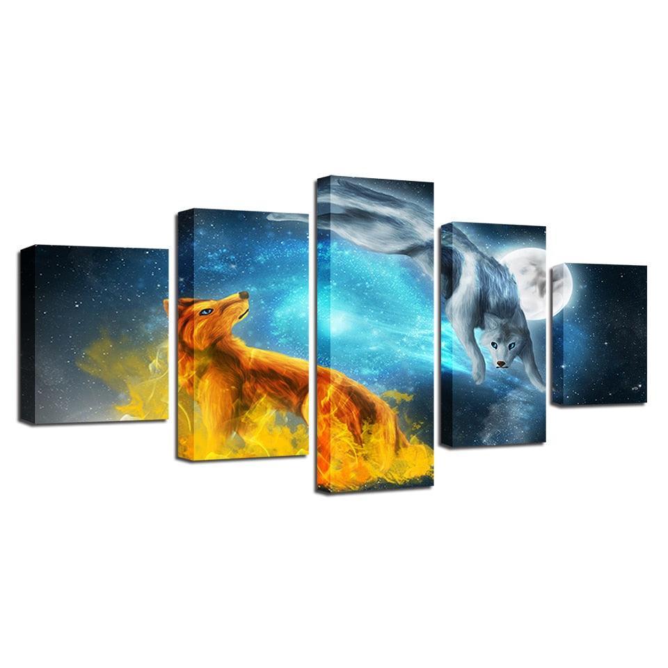 Snow Fox Moonlit Night 5 Piece HD Multi Panel Canvas Wall Art Frame-Original Frame