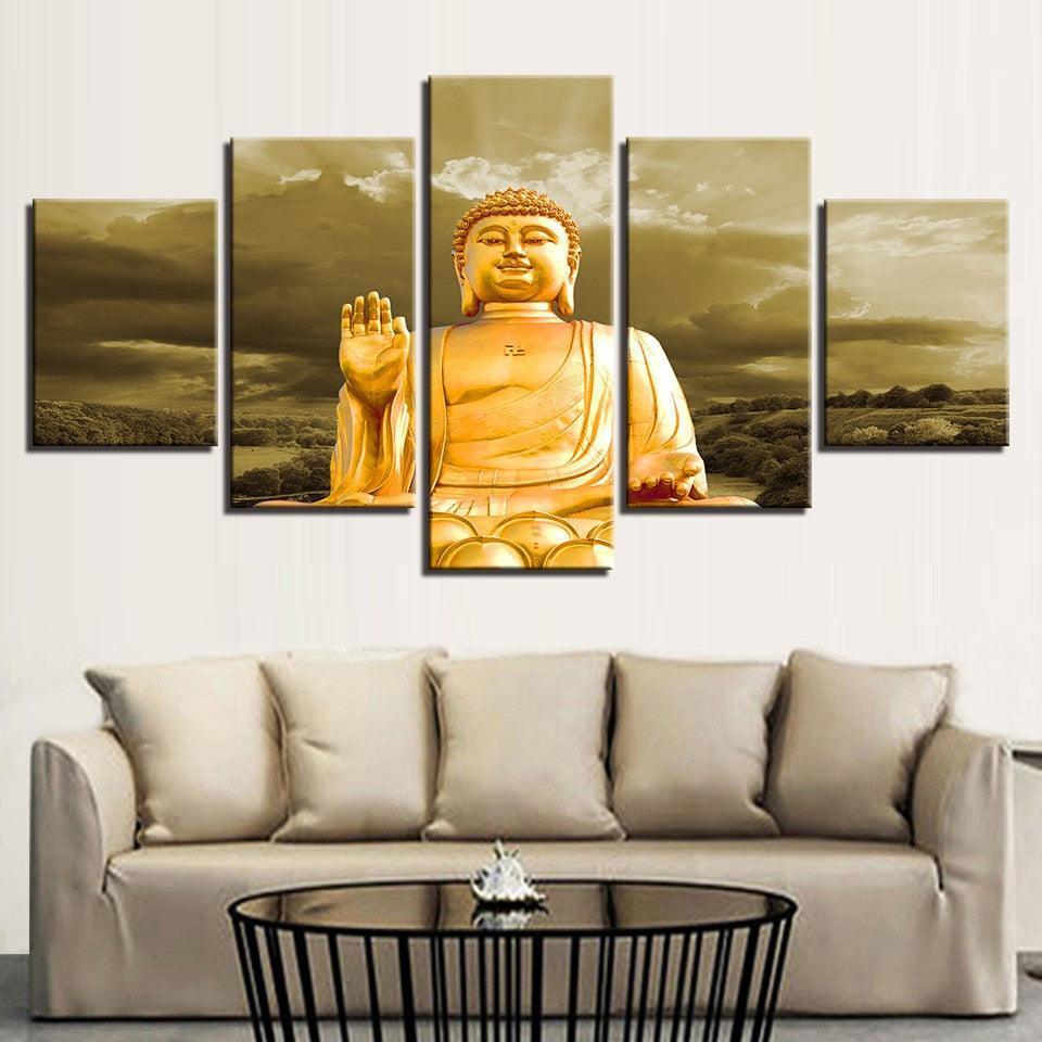Portrait Gold Buddha 5 Piece HD Multi Panel Canvas Wall Art Frame-Original Frame