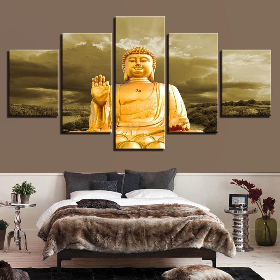 Portrait Gold Buddha 5 Piece HD Multi Panel Canvas Wall Art Frame-Original Frame