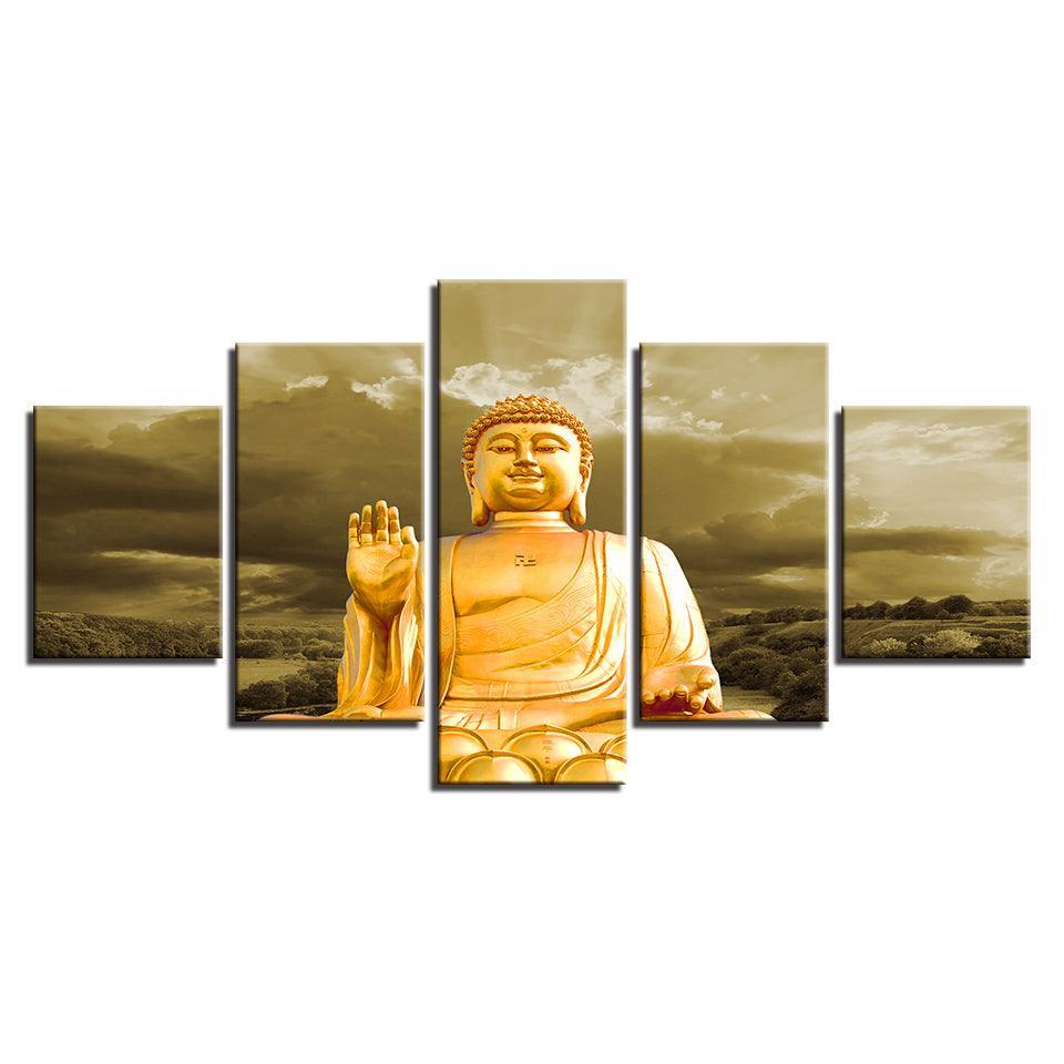 Portrait Gold Buddha 5 Piece HD Multi Panel Canvas Wall Art Frame-Original Frame