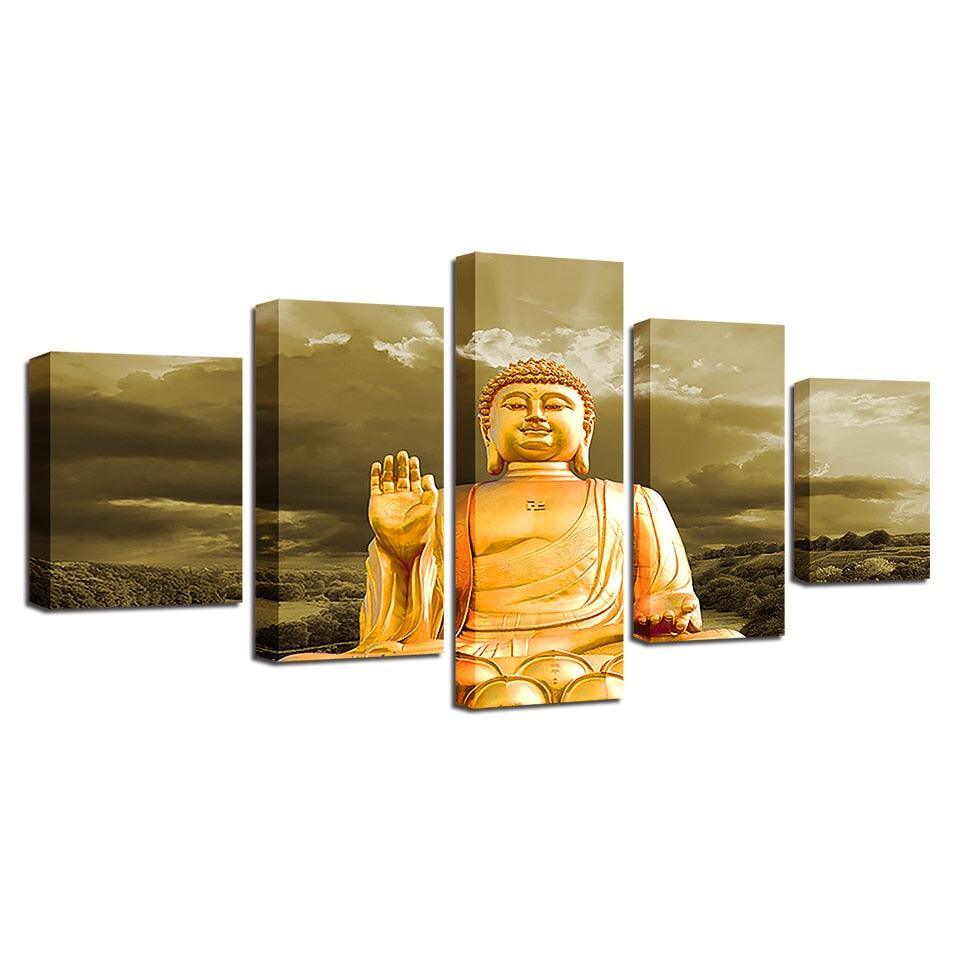 Portrait Gold Buddha 5 Piece HD Multi Panel Canvas Wall Art Frame-Original Frame