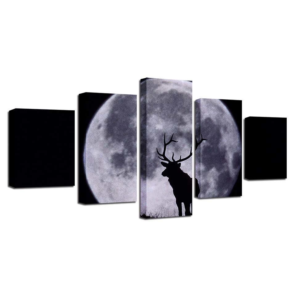 Moon Animals 5 Piece HD Multi Panel Canvas Wall Art Frame-Original Frame