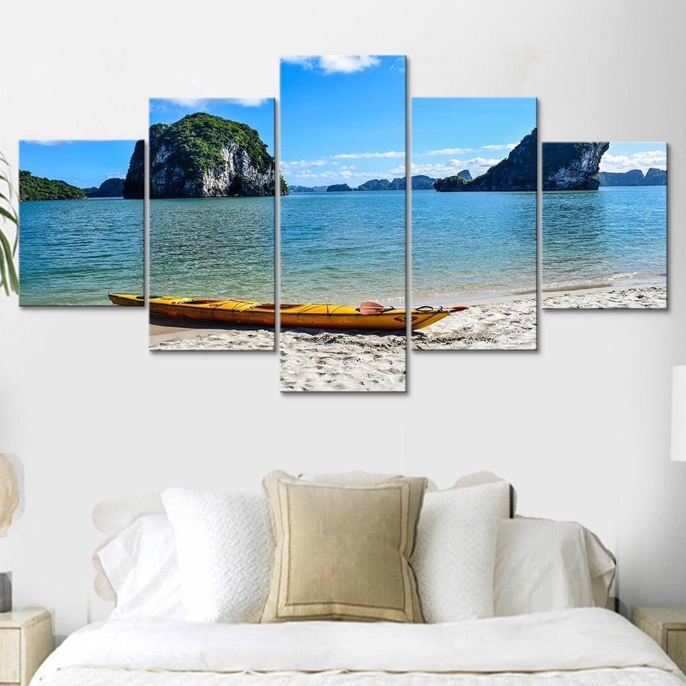 Canoe Seascape 5 Piece HD Multi Panel Canvas Wall Art Frame-Original Frame