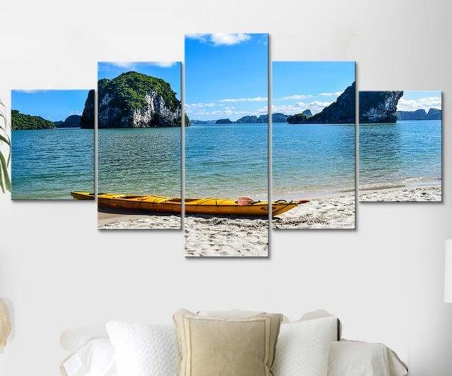 Canoe Seascape 5 Piece HD Multi Panel Canvas Wall Art Frame-Original Frame