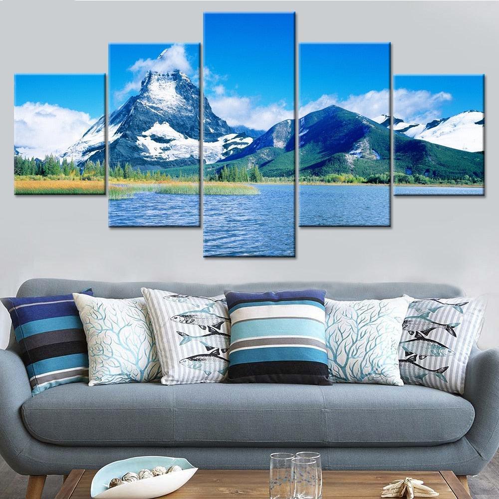 Beautiful Snow Mountain Lake 5 Piece HD Multi Panel Canvas Wall Art Frame-Original Frame