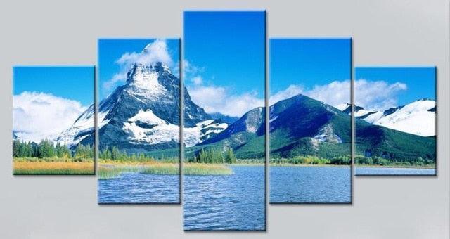 Beautiful Snow Mountain Lake 5 Piece HD Multi Panel Canvas Wall Art Frame-Original Frame