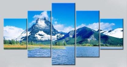 Beautiful Snow Mountain Lake 5 Piece HD Multi Panel Canvas Wall Art Frame-Original Frame