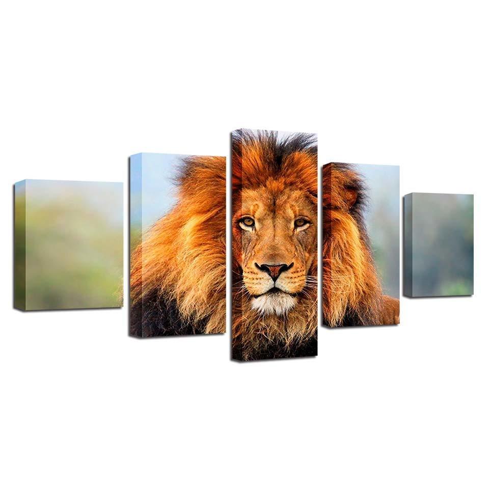Majestic Lion 5 Piece Multi Panel Canvas Wall Art Frame-Original Frame