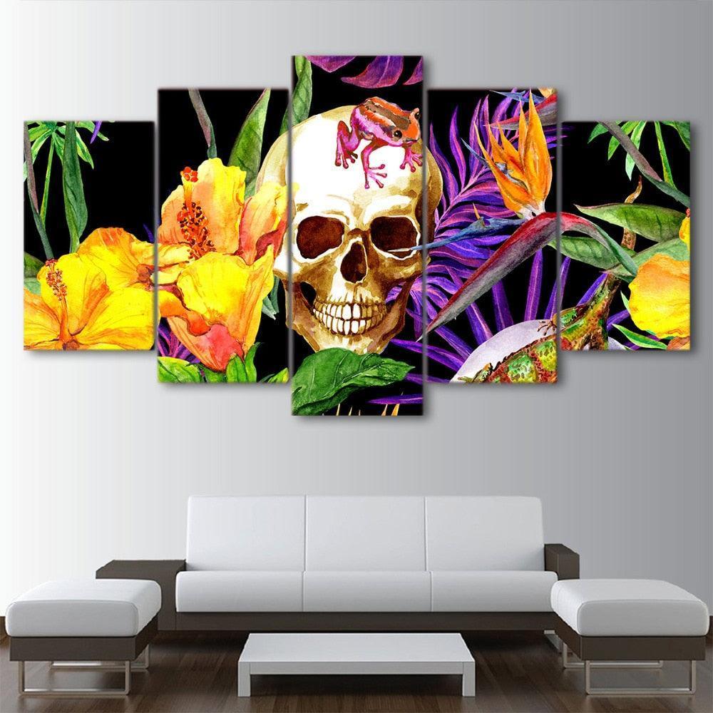 Skull And Flowers 5 Piece HD Multi Panel Canvas Wall Art Frame-Original Frame