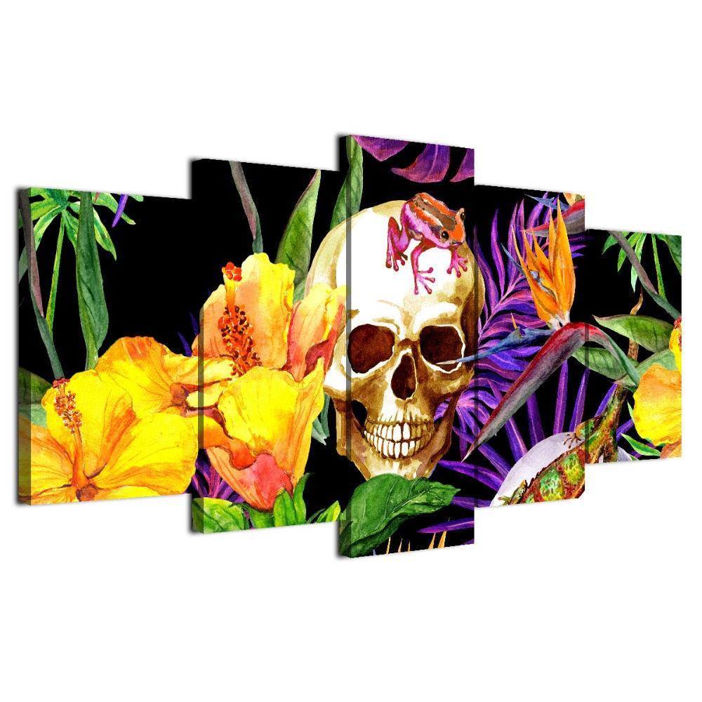 Skull And Flowers 5 Piece HD Multi Panel Canvas Wall Art Frame-Original Frame