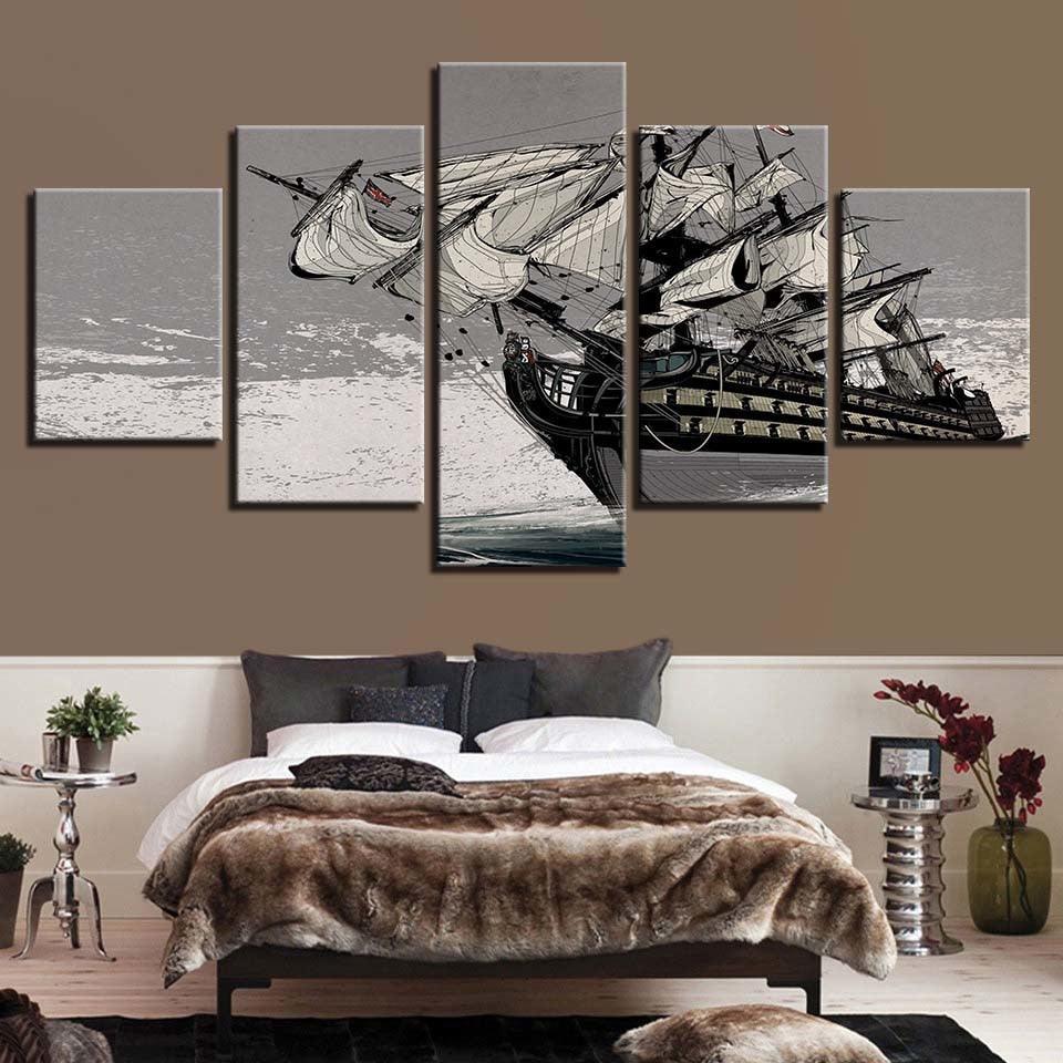 Sailing Boat 5 Piece HD Multi Panel Canvas Wall Art Frame-Original Frame