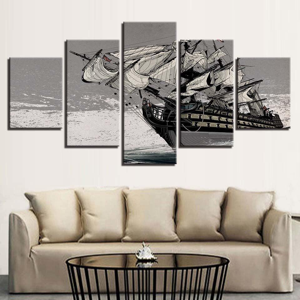 Sailing Boat 5 Piece HD Multi Panel Canvas Wall Art Frame-Original Frame