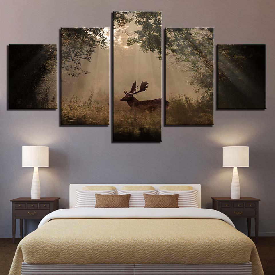 Forest Deer 5 Piece HD Multi Panel Canvas Wall Art Frame-Original Frame
