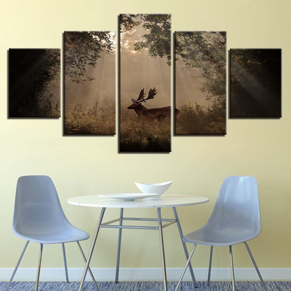 Forest Deer 5 Piece HD Multi Panel Canvas Wall Art Frame-Original Frame