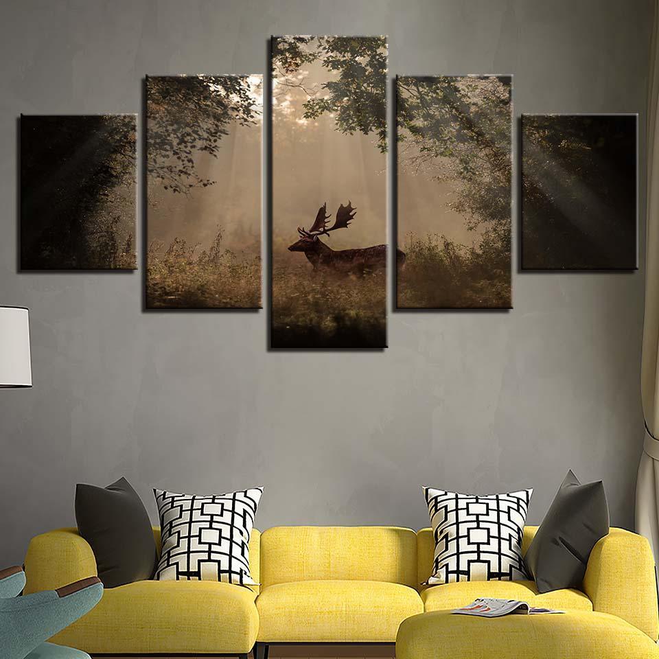 Forest Deer 5 Piece HD Multi Panel Canvas Wall Art Frame-Original Frame