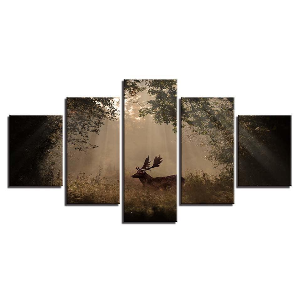 Forest Deer 5 Piece HD Multi Panel Canvas Wall Art Frame-Original Frame