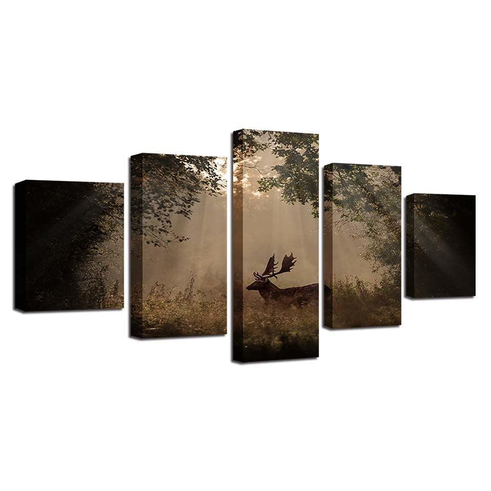 Forest Deer 5 Piece HD Multi Panel Canvas Wall Art Frame-Original Frame