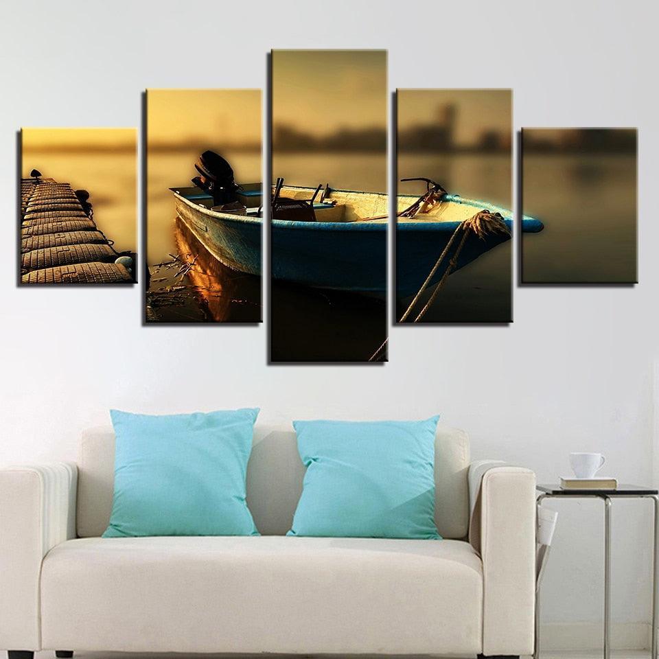 Boat at the Dock 5 Piece HD Multi Panel Canvas Wall Art Frame-Original Frame