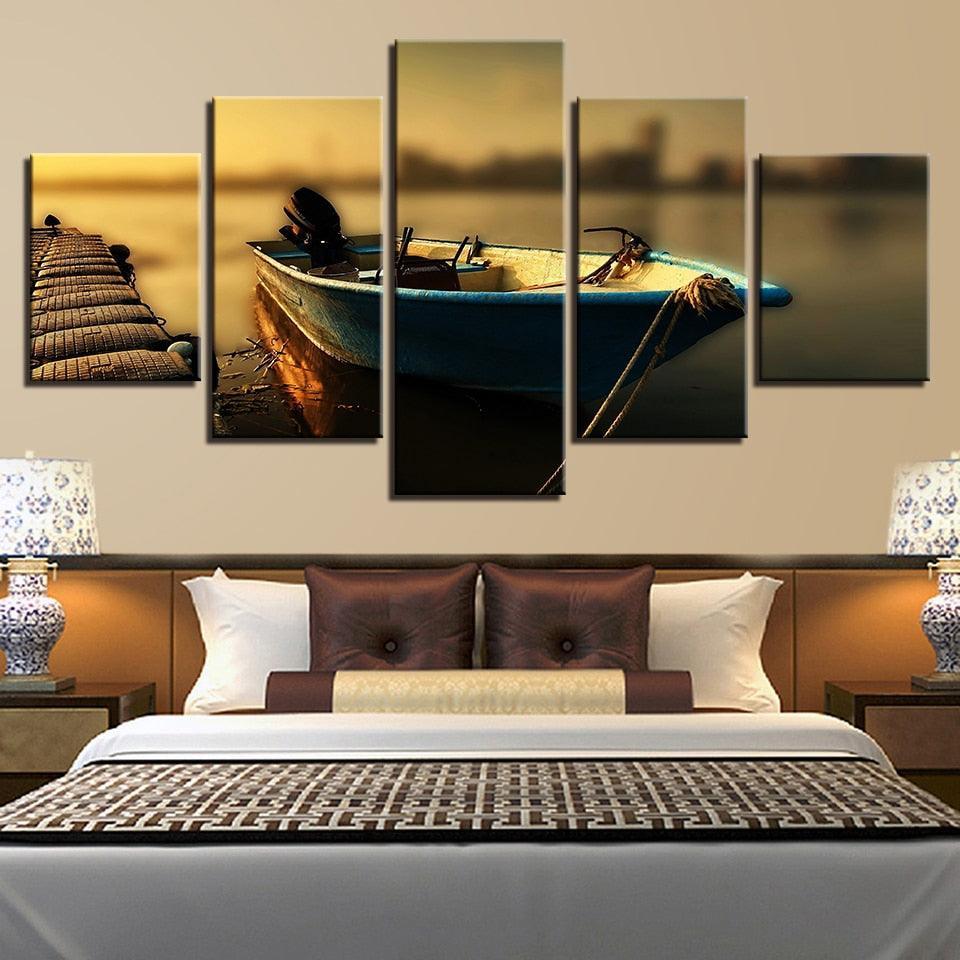 Boat at the Dock 5 Piece HD Multi Panel Canvas Wall Art Frame-Original Frame