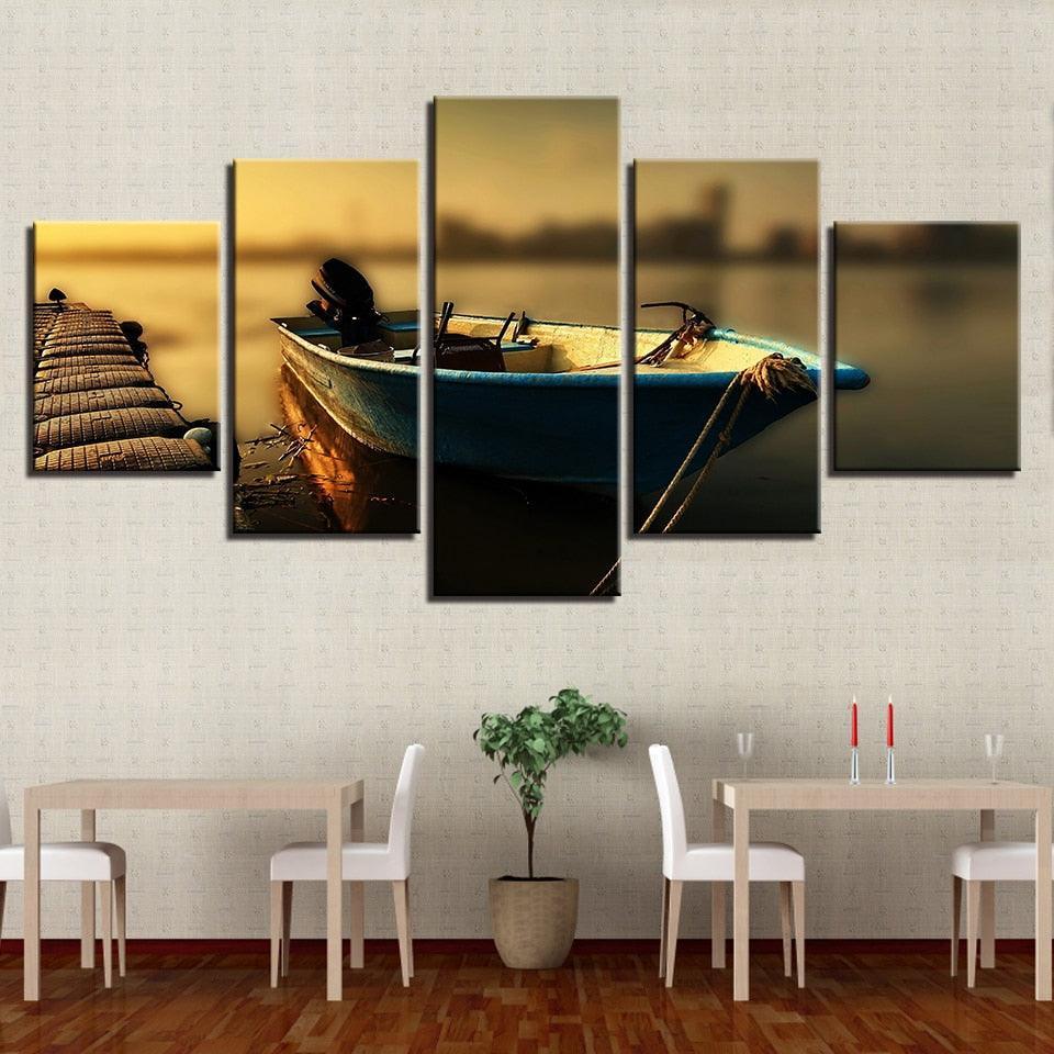 Boat at the Dock 5 Piece HD Multi Panel Canvas Wall Art Frame-Original Frame