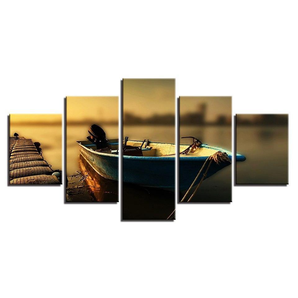 Boat at the Dock 5 Piece HD Multi Panel Canvas Wall Art Frame-Original Frame